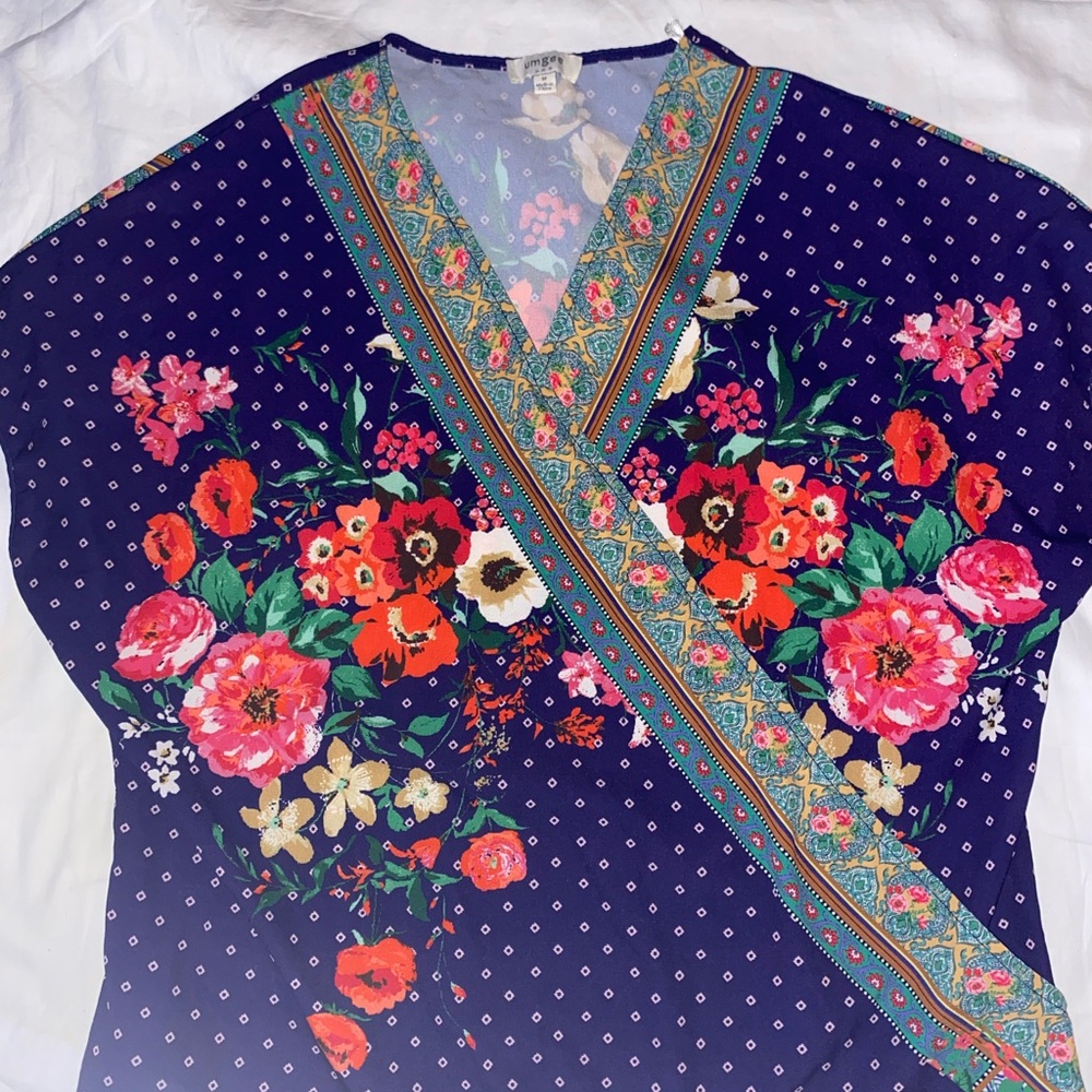 Umgee Navy Floral Wrap Blouse with Pink, Red & Green Accents